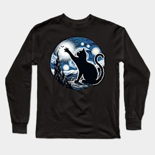 Van Gogh's Cats, Cat in the nigth with star and bats, impressionism, famous painting, Starry Night Style Van Gogh painting Cat Lover Long Sleeve T-Shirt